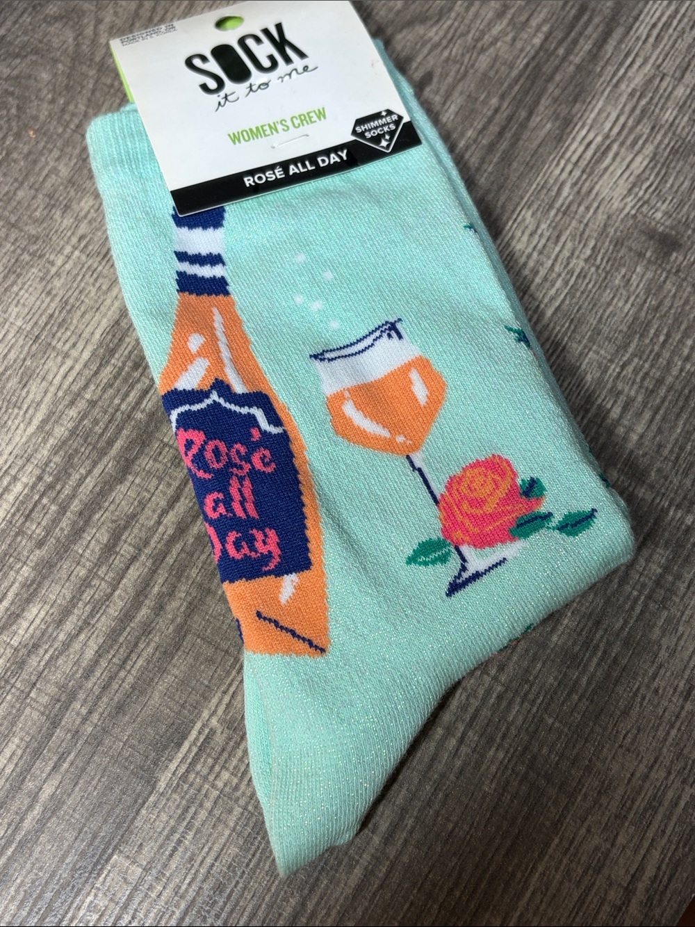 🍍5 for $30🍍 Sock it to Me Women’s Crew Socks Mint Rosé Bottle & Glass Design